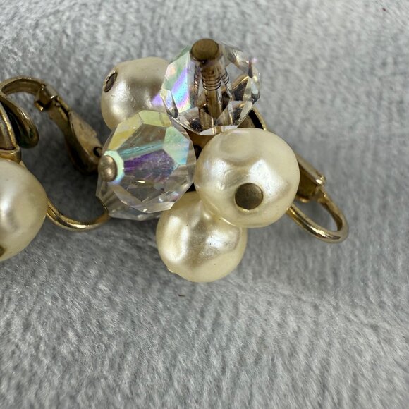 Vintage Faux Pearl & Crystal Beaded Cluster Clip-On Earrings Women MCM - Picture 9 of 16